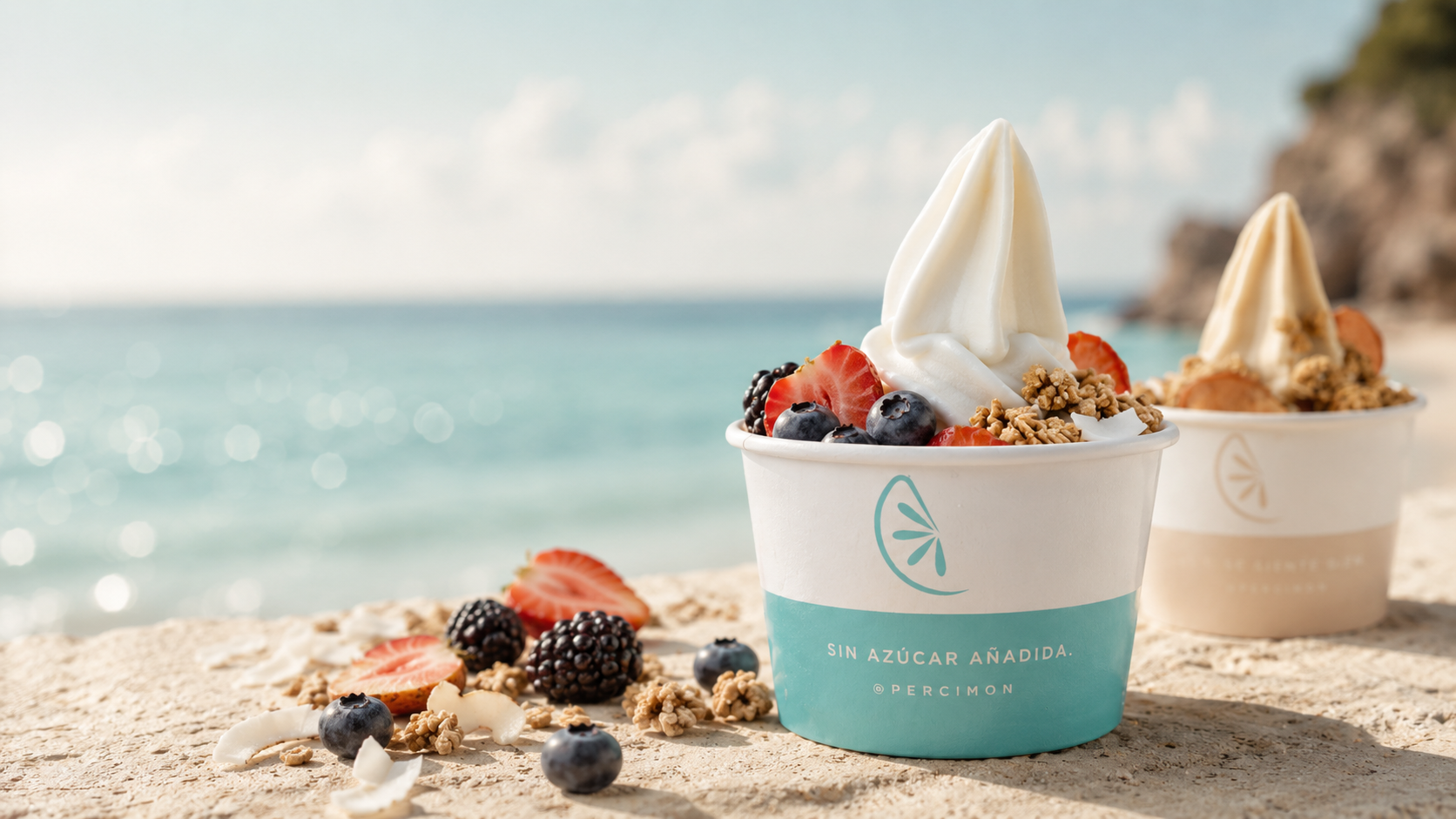 Vaso Pércimon con frutas frescas en la playa
